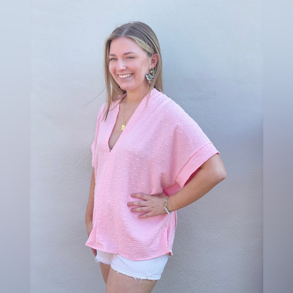 Karlie Pale Baby Pink Oversized VNeck Textured Swiss Dot Short Sleeve Top Medium
